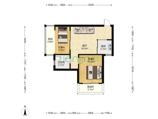 君临西海岸 2室1厅1卫 54平方