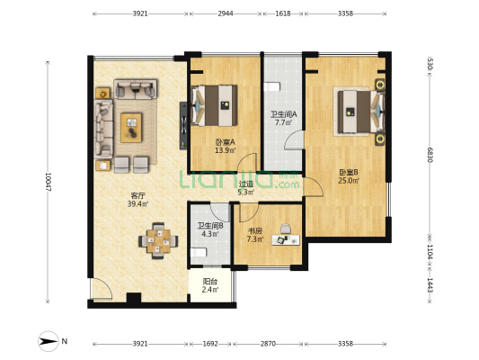 江豪广场 3室1厅2卫 126平方
