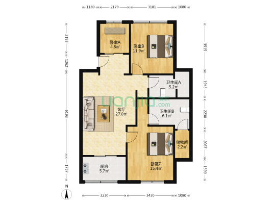建砂台大楼 3室1厅2卫 88平方