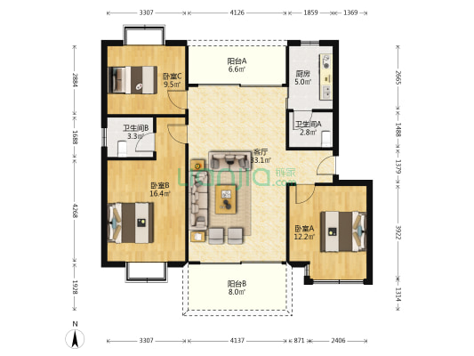 金三角房管局新村 3室1厅2卫 107平方