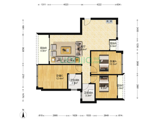 美丽湾畔花园 3室1厅2卫 93平方