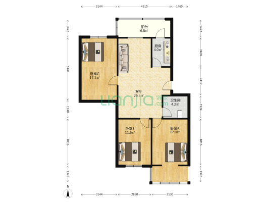 泉园富民公务员小区 3室1厅1卫 107平方