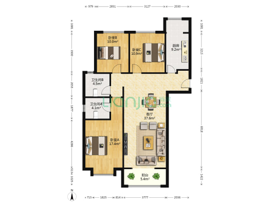 郑开橄榄城二期 3室1厅2卫 126平方