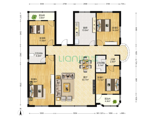 月朗新村二巷 4室1厅2卫 168平方