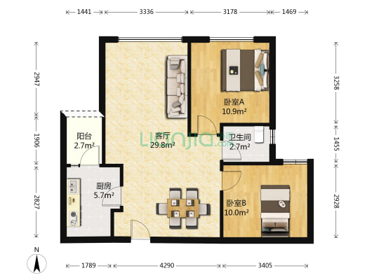 融创凡尔赛领馆二期 2室1厅1卫 74平方