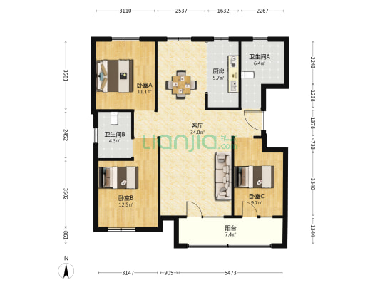 双利悦府 3室1厅2卫 122平方