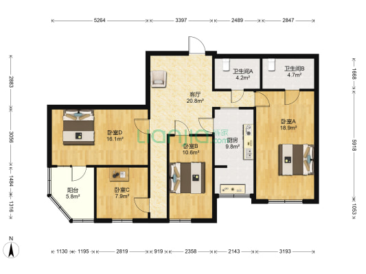 和平公寓 4室1厅2卫 137平方