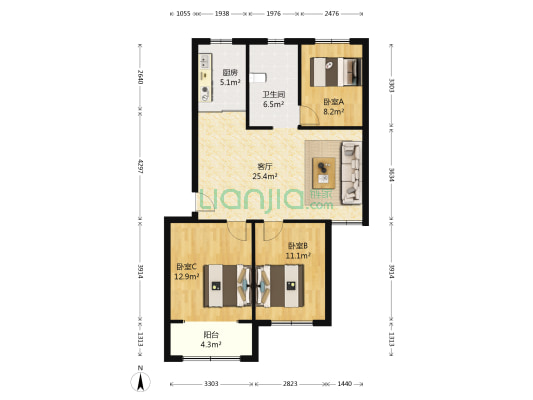 新铜花苑龙吟园 3室1厅1卫 95平方