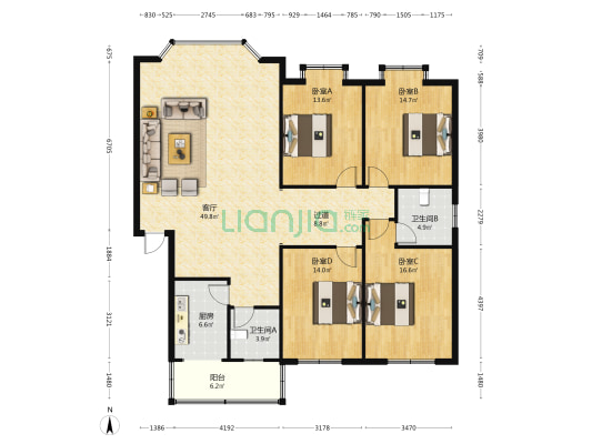福德巷4号 4室1厅2卫 157平方