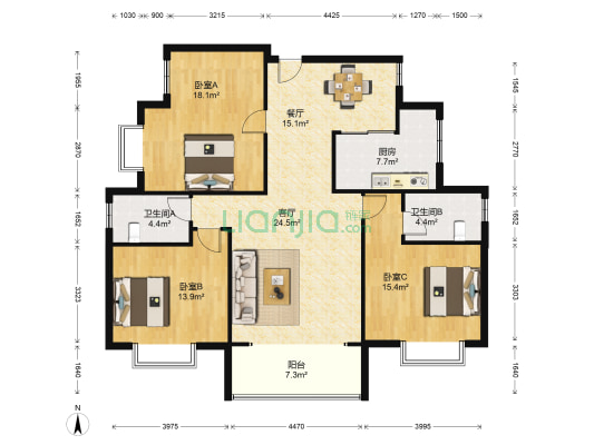 星电恬园 3室2厅2卫 144平方