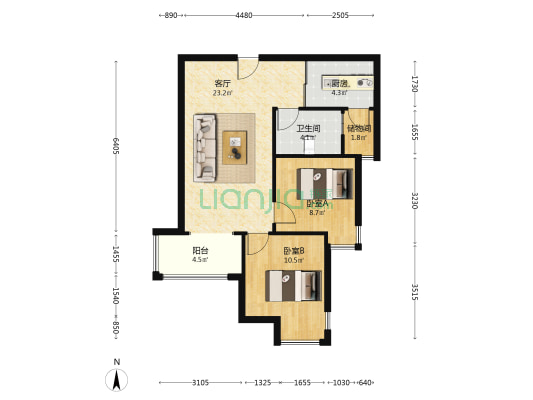 南向两居室  集中供暖 带装修-户型图