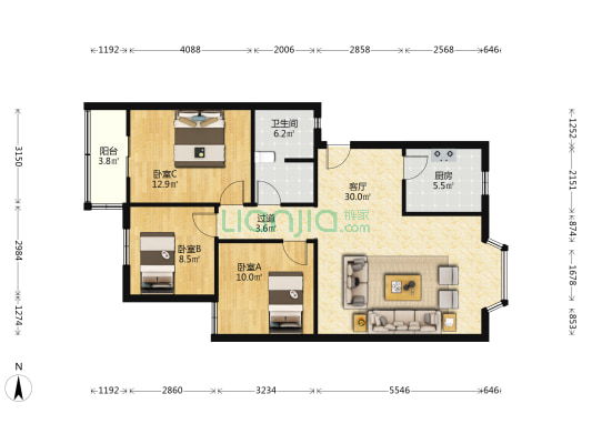 方业翠苑 3室1厅1卫 95平方