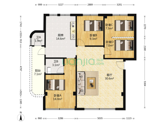岗东路 4室1厅2卫 120平方