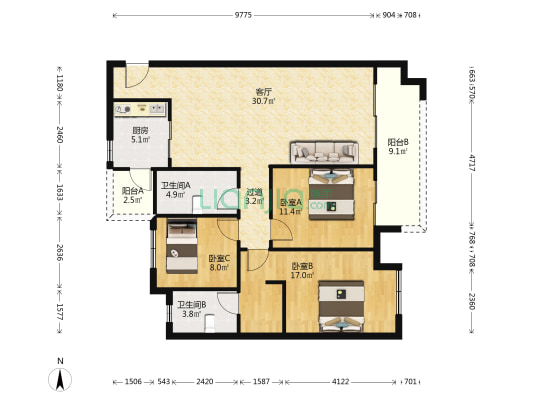 成都鑫苑城 3室1厅2卫 122平方
