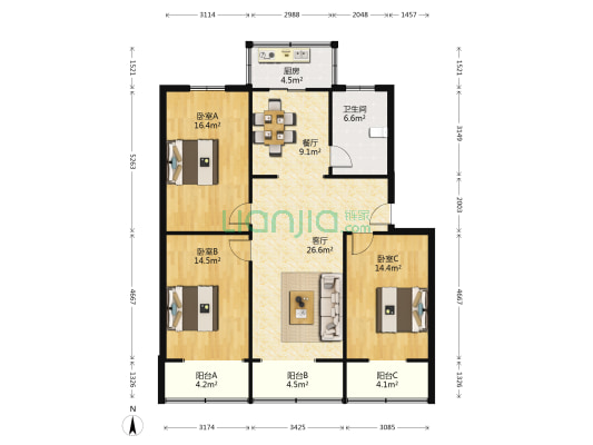 红专路122号院 3室2厅1卫 122平方