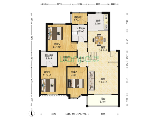 都市花园东区 3室2厅2卫 110平方