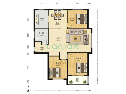 鲁昱绿城 3室2厅1卫 136平方