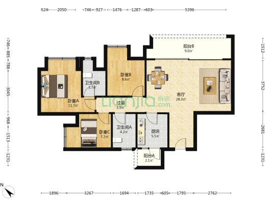 凤鸣水岸A区 3室1厅2卫 99平方