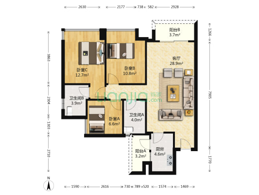 泷景五期 3室1厅2卫 92平方