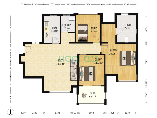金地自在城鹭影轩 3室1厅2卫 121平方