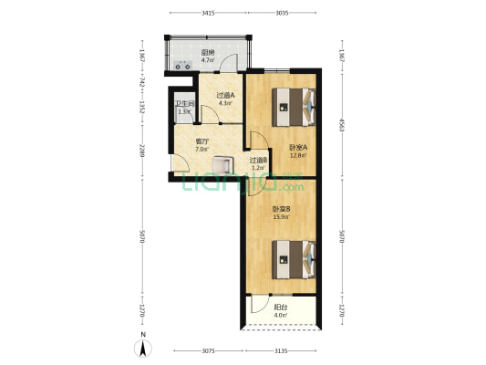 麦苋街60号院 2室1厅1卫 52平方