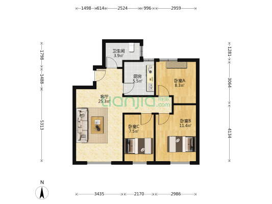 中交香颂 3室1厅1卫 90平方