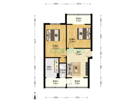 东大街44号 2室1厅1卫 73平方