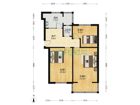 颜港北村四区 3室1厅1卫 71平方