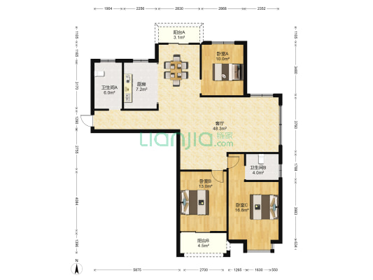 蝶翠华庭 3室1厅2卫 134平方