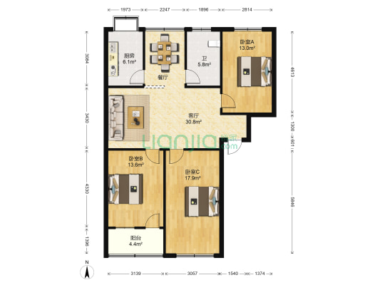 五金小区 3室1厅1卫 117平方
