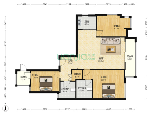 巴黎大厦 3室1厅2卫 133平方