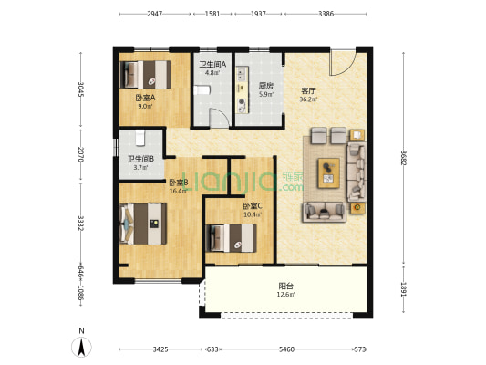 置地百悦府F区 3室1厅2卫 126平方