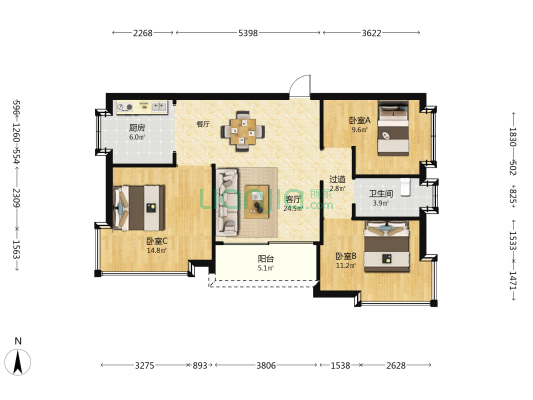 勤农巷 3室1厅1卫 91平方