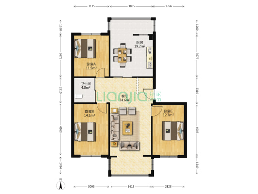 保利海棠花园 3室1厅1卫 120平方