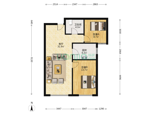 高铁新干线 2室1厅 南-户型图
