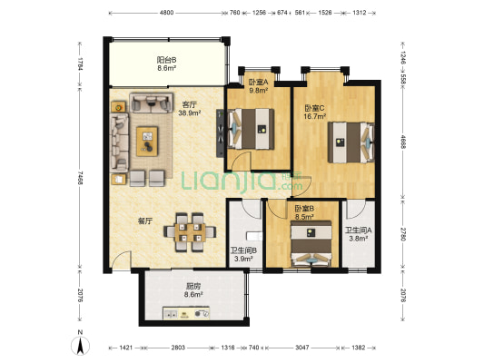 雅景名园 3室1厅2卫 118平方