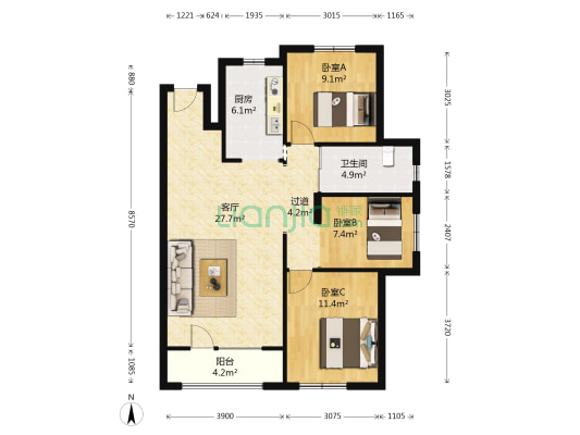 中懋天地 3室1厅1卫 113平方