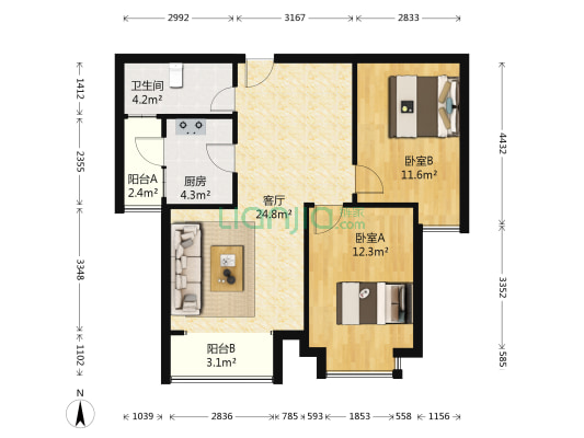 白石家园 2室1厅1卫 86平方