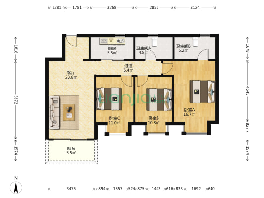 新力东园 3室1厅2卫 116平方