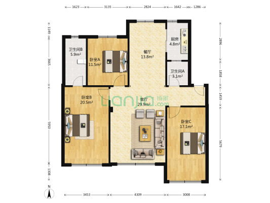 上东街区 3室2厅2卫 137平方
