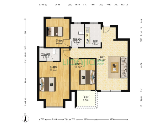 皖新国玺 3室1厅2卫 114平方