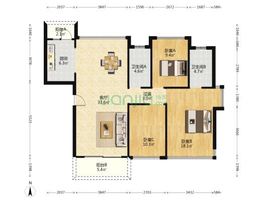 万汇美居 3室1厅2卫 120平方