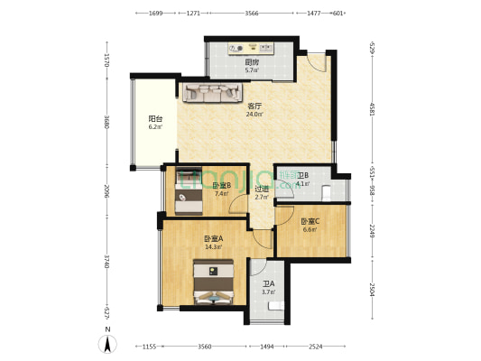 恒兴御景园 3室1厅2卫 89平方