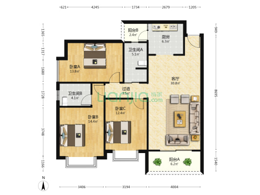 南师大小区 3室1厅2卫 121平方