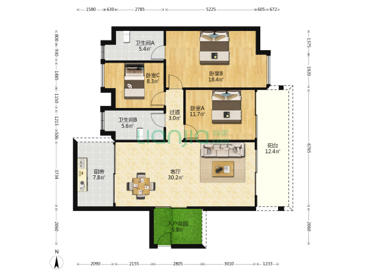 嘉东广场 3室1厅2卫 119平方