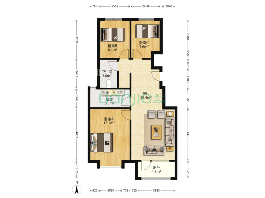 五矿万科城哈洛小镇京丰园 3室1厅1卫 95平方