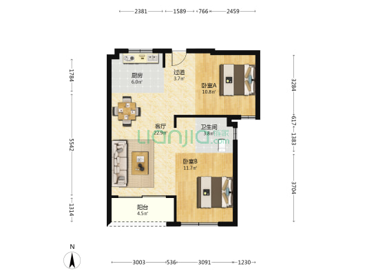 龙鼎小区 2室1厅1卫 85平方