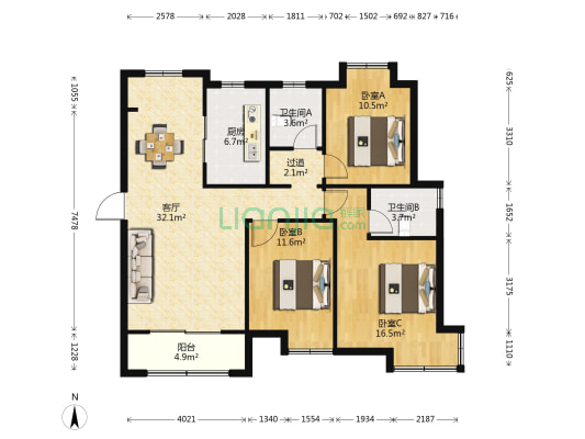 东津世纪城4区上都府 3室1厅2卫 124平方
