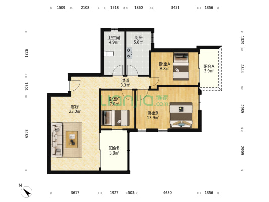 锦绣大厦 3室1厅1卫 101平方
