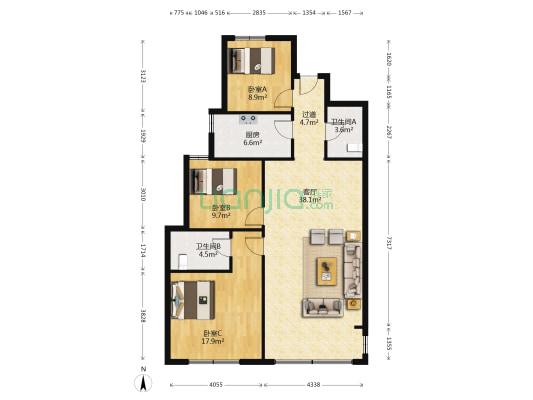 鲁商蓝岸公馆 3室1厅2卫 128平方
